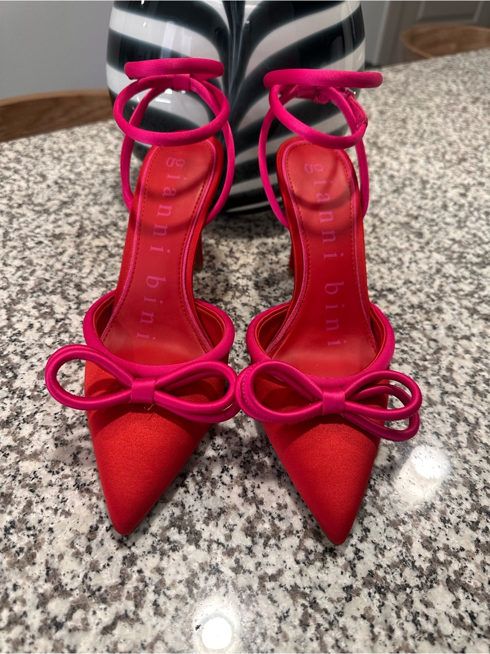 Gianni Bini Red and Hot Pink Pointed Bow Ankle-Strap Heels